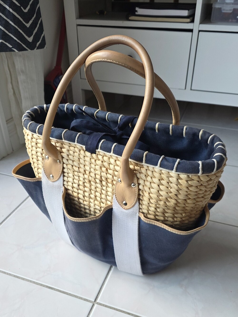 Lauren Ralph Lauren Straw Basket Tote Navy Canvas Leather Trim Coastal Beach Bag - Picture 2 of 14